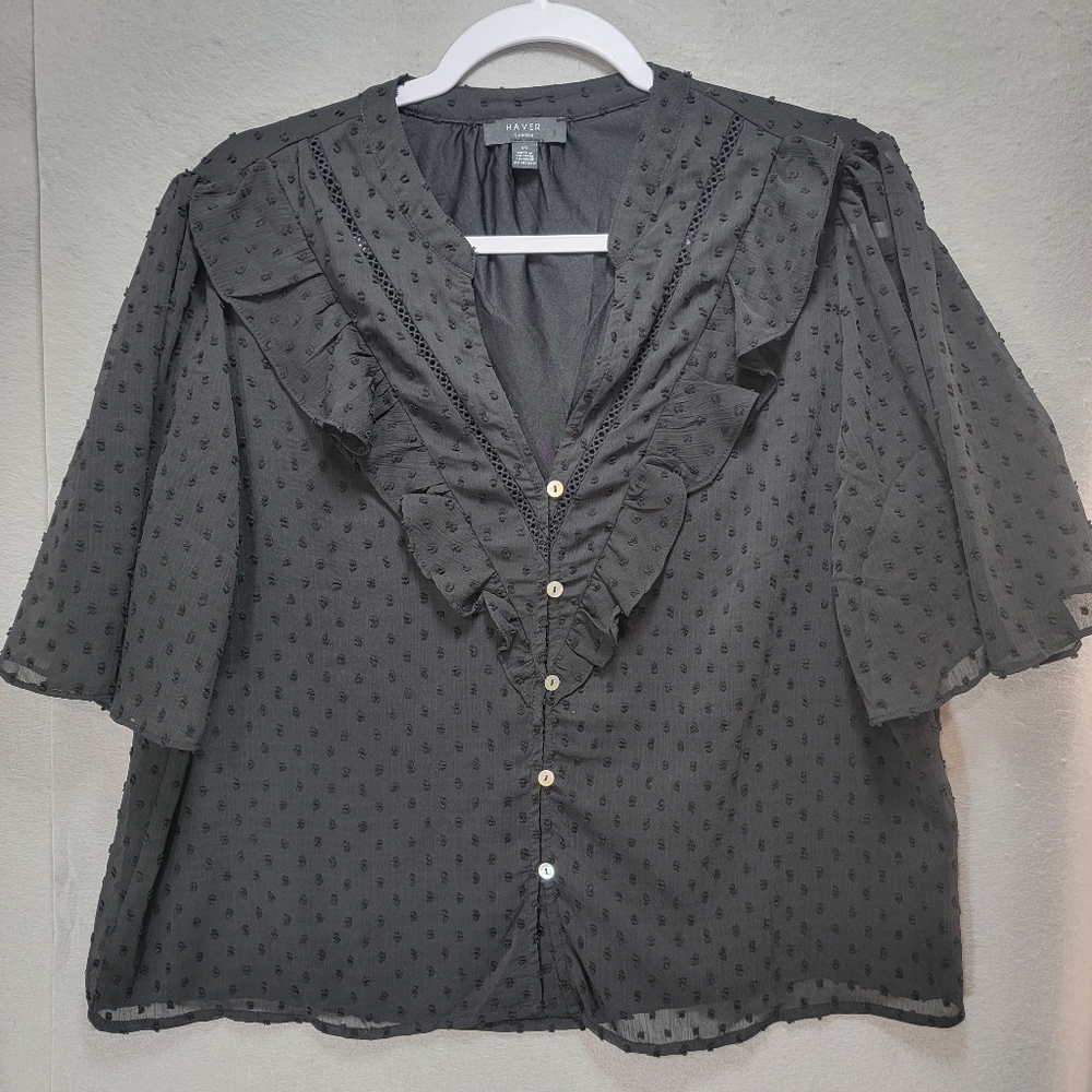Haver London Blouse Womens‎ L Black Button Flutter Sleeve Swiss Dot Lined Sheer